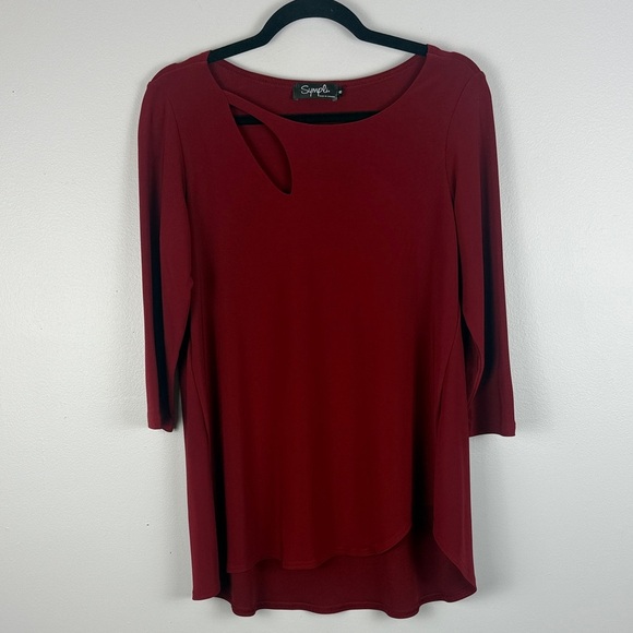 Sympli Classic Chic Burgundy Asymmetrical Cut Out 3/4 Sleeve Size 8 Tunic Blouse - Picture 2 of 8